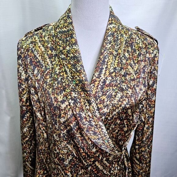 Jones New York Brown Print Satin Wrap Blouse Size Large - Picture 3 of 11